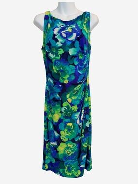Lauren Ralph Lauren Sleeveless Blue & Green Floral Midi Dress, Lined, Size 6
